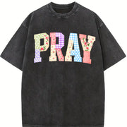 Pray Christian Faux Quilted Religious Vintage Washed T-Shirt in Black