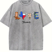 Embroidered Texas Cowboy Vintage Washed T-Shirt in Gray