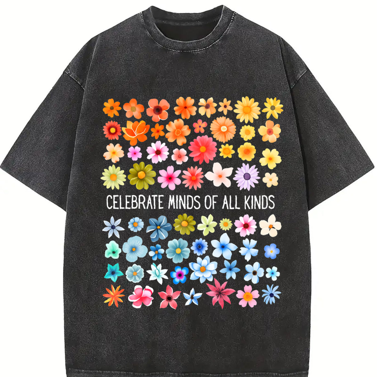 Celebrate Minds of All Kinds Floral Grid Vintage Washed T-Shirt in Black
