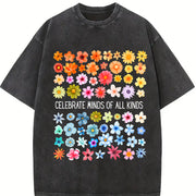 Celebrate Minds of All Kinds Floral Grid Vintage Washed T-Shirt in Black