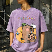 Capybara Bubble Tea Vintage Washed T-Shirt in Purple