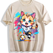 Cat Soccer Player Vintage Washed T-Shirt in Beige