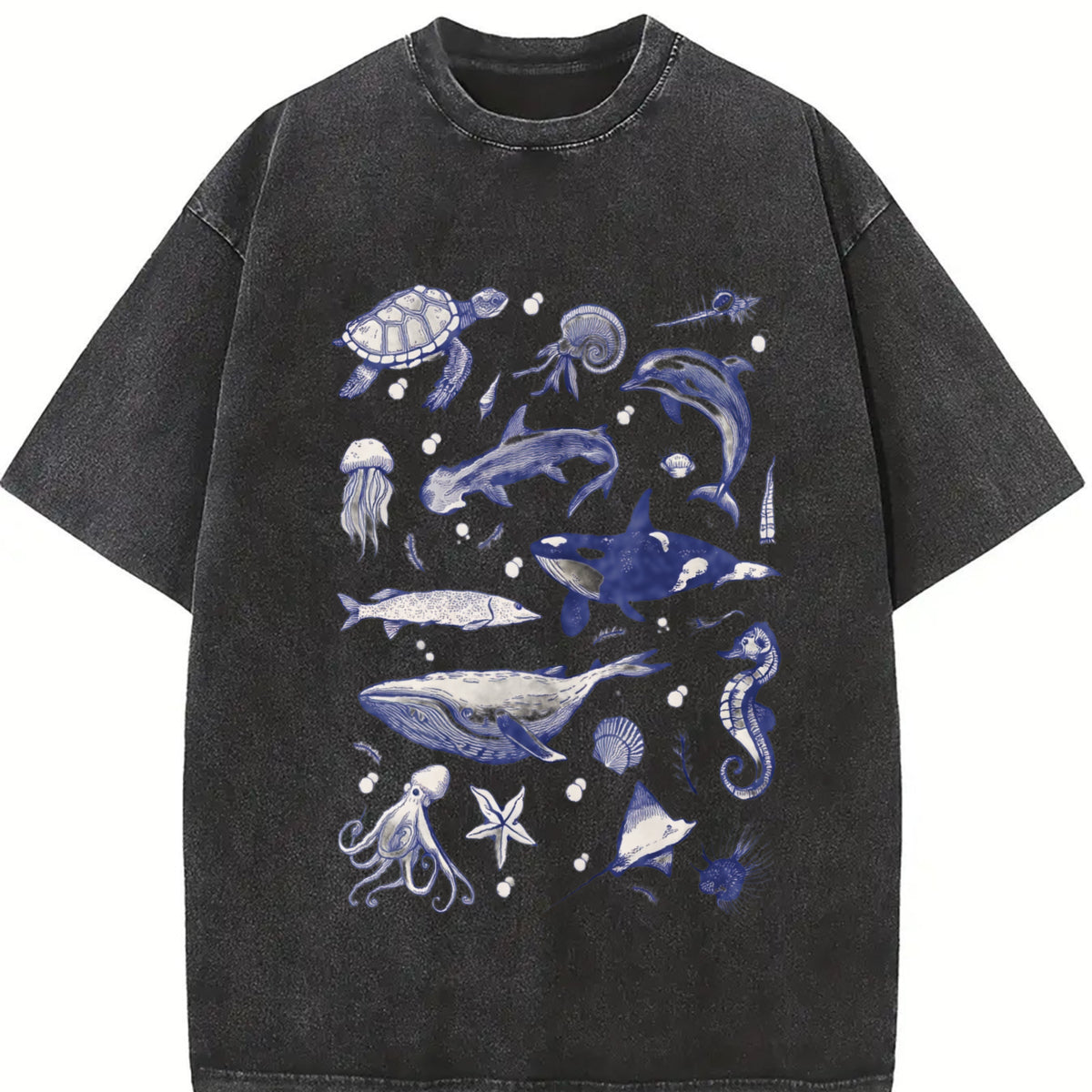 Sea Animal 90s Retro Vintage Washed T-Shirt in Black