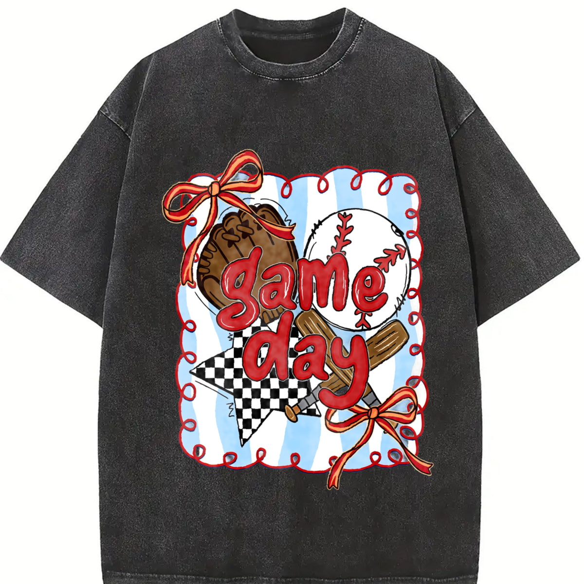 Baseball Game Day Coquette Bow Baseball Mama Vintage Washed T-Shirt in Black