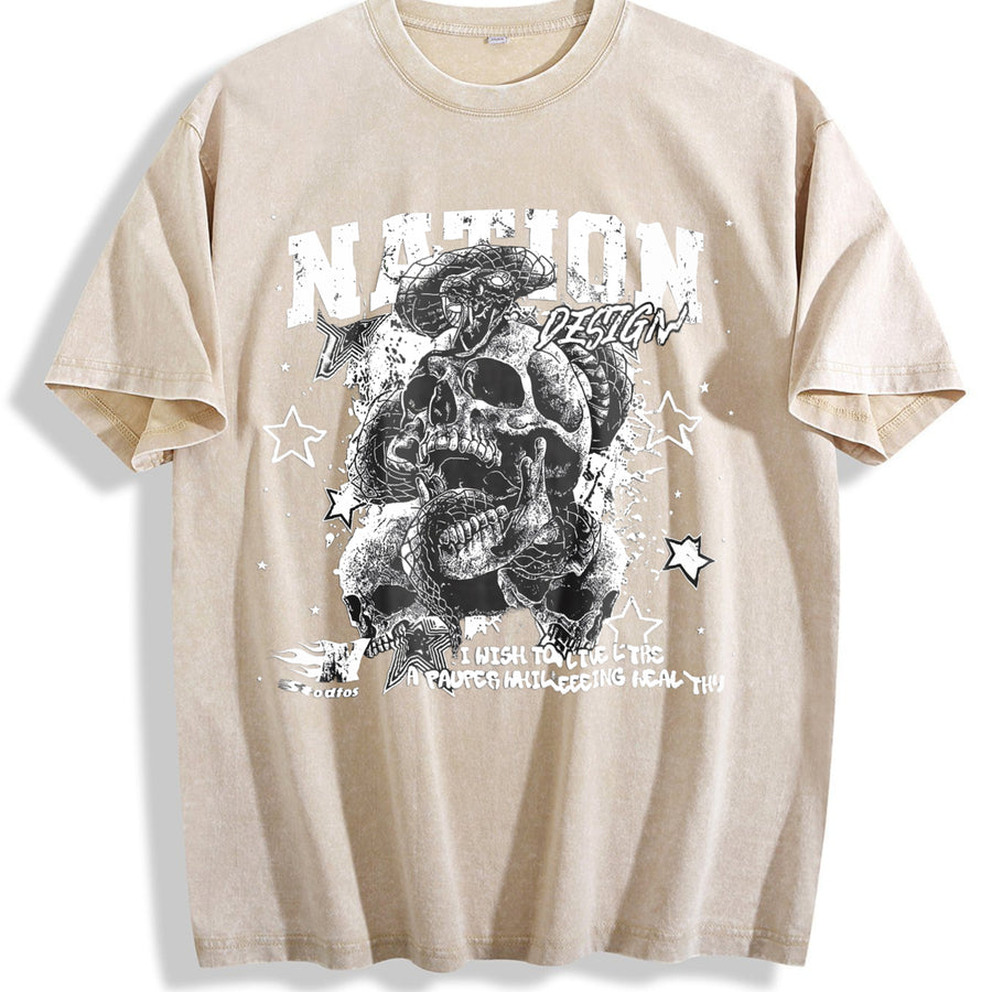Nation Snake Skull Vintage Washed T-Shirt in Beige