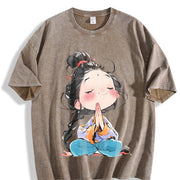 Retro Thick Blouse-compatible Vintage Washed T-Shirt in Brown