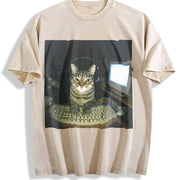 Wash Hacker Cat Meme Vintage Washed T-Shirt in Beige