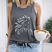 White Tank with Elegant Horse Illustration Women's Color Cotton Tank Top in Gray