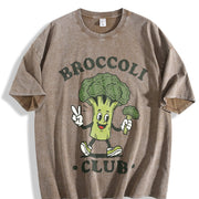 Broccoli Club Veggie Lover Retro Cartoon Vintage Washed T-Shirt in Brown