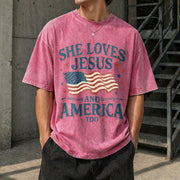 She Loves Jesus and America Too Vintage Washed T-Shirt in Red