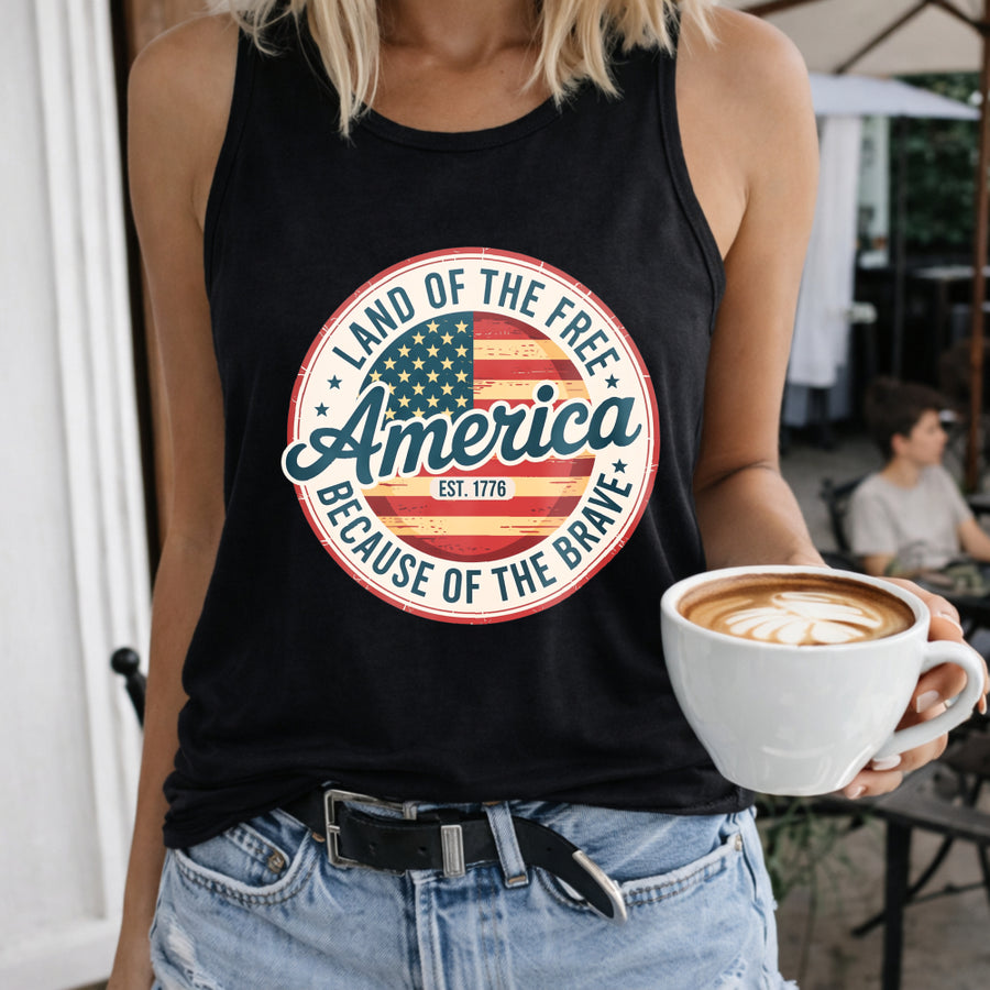 America Land of the Free Because of the Brave Women's Color Cotton Tank Top in Black