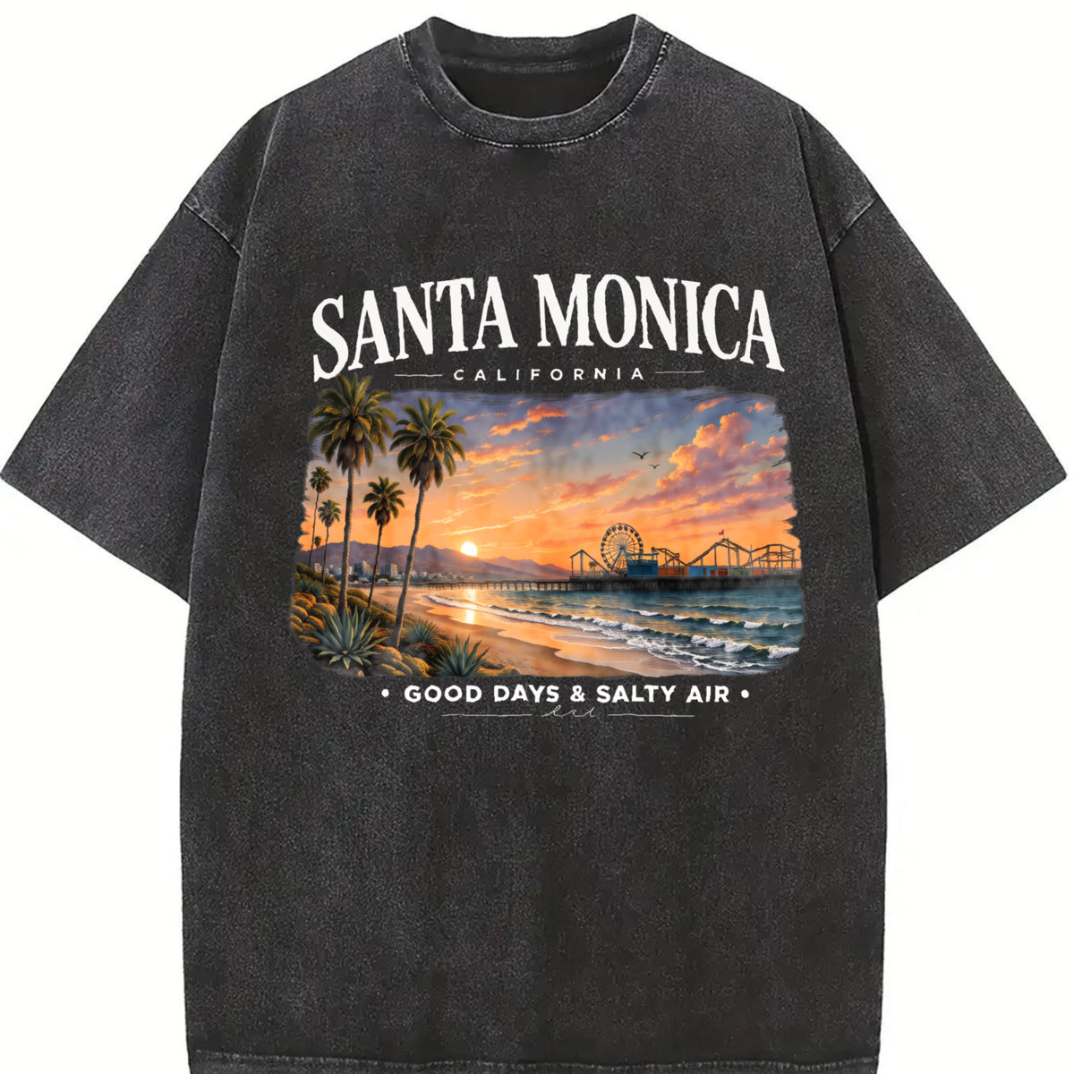 Santa Monica California Vintage Washed T-Shirt in Black