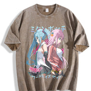 Hatsune Miku singer music anime Hip Hop vintage washed oversized T-shirt in Brown