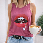 Lips & Chain Vest Sleeveless Racer Vest Women's Color Cotton Tank Top in Red