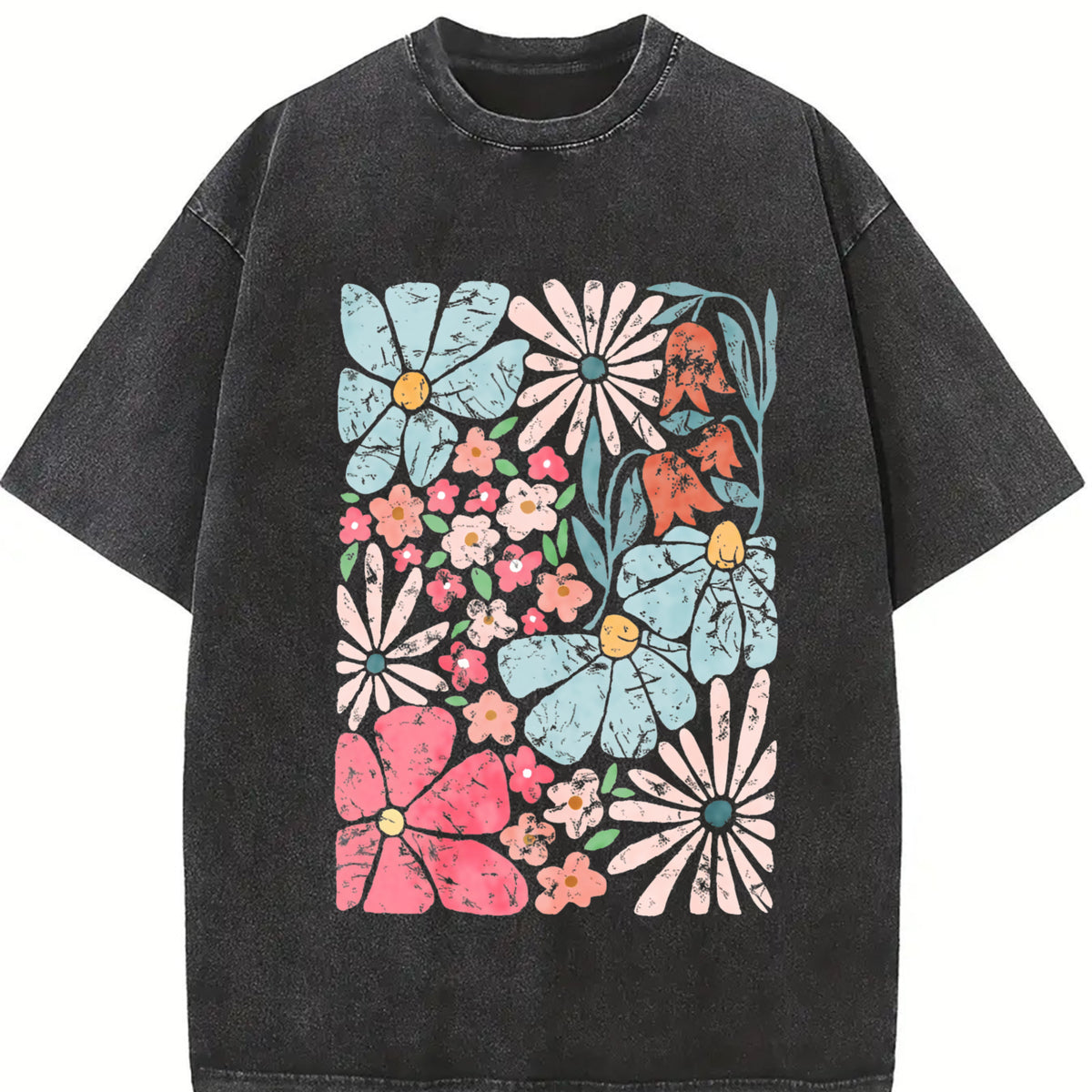 Blossoms Gorgeous Abstract Flowers Boho Floral vintage washed oversized T-shirt in Black