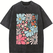 Blossoms Gorgeous Abstract Flowers Boho Floral vintage washed oversized T-shirt in Black