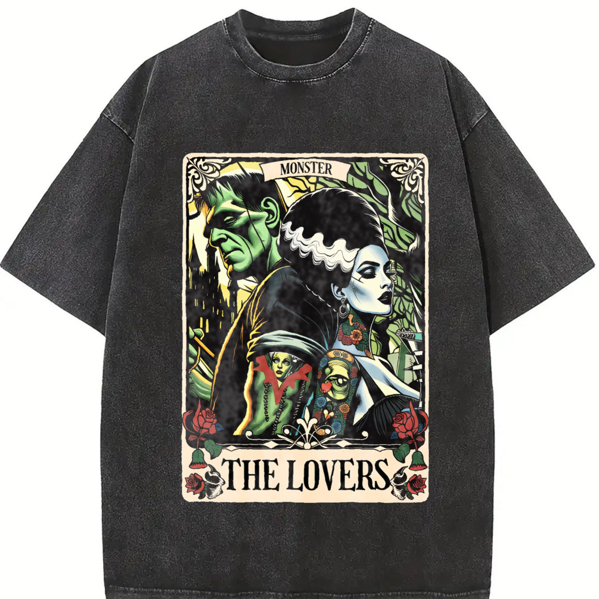The Monster Frankenstein And Bride The Lovers Tarot Card vintage washed oversized T-shirt in Black