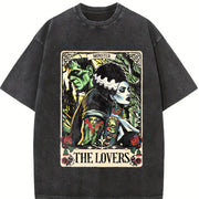 The Monster Frankenstein And Bride The Lovers Tarot Card vintage washed oversized T-shirt in Black