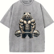 Bear Powerlifting Weightlifting Gym Workout Vintage Washed T-Shirt in Gray