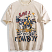Save a Horse Ride a Cowboy 90s Western Retro Cowboy Rodeo vintage washed oversized T-shirt in Beige