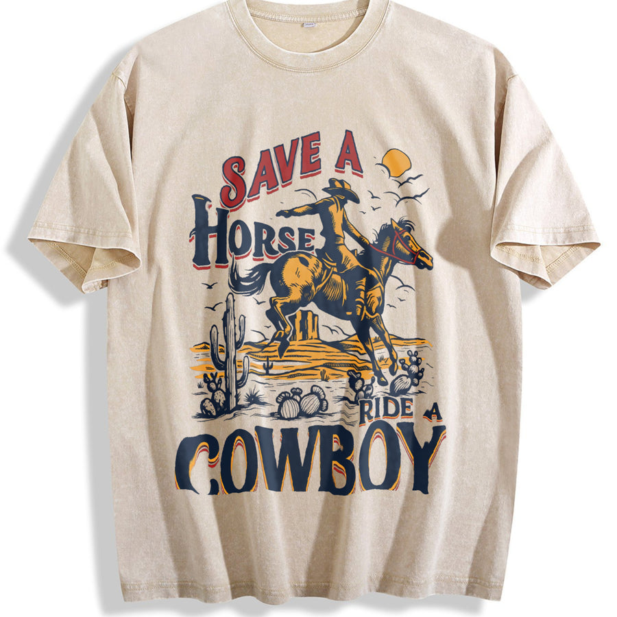 Save a Horse Ride a Cowboy 90s Western Retro Cowboy Rodeo vintage washed oversized T-shirt in Beige