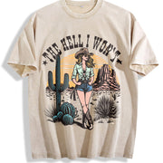 Retro Cowgirl the Hell I Won't Western 90s Vintage Washed T-Shirt in Beige
