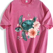 Floral Turtle & Peach Blossom Vintage Washed T-Shirt in Red