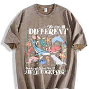 We Are All Different Swim Together Teacher Back to School Vintage Washed T-Shirt in Brown
