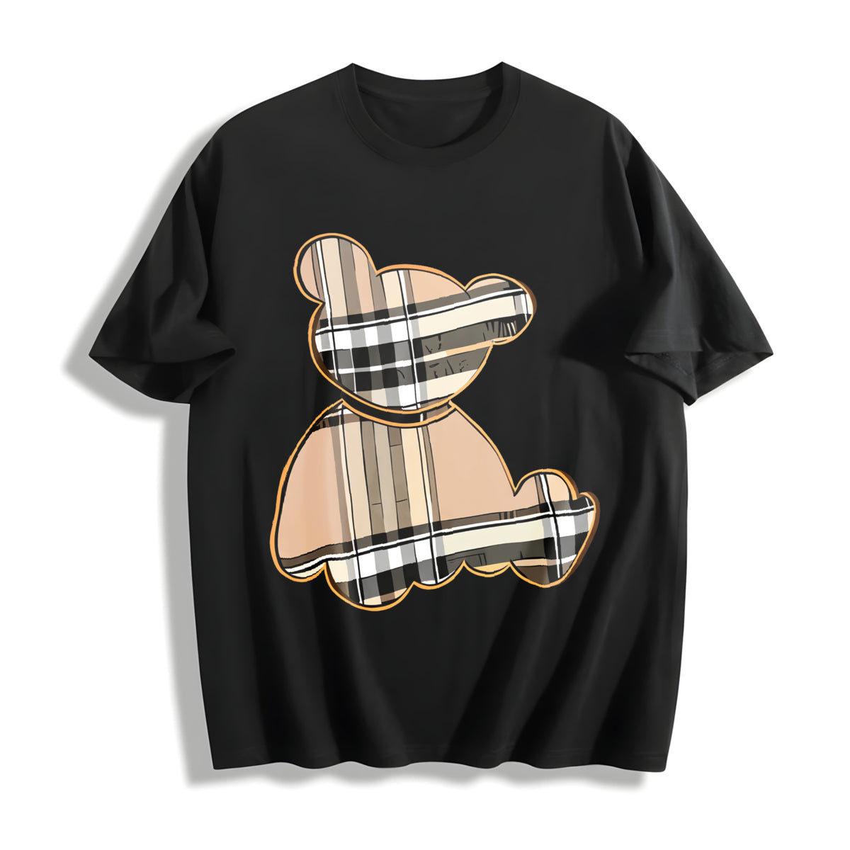 Cartoon Bear & Plaid Cotton T-Shirt in Black
