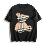 Cartoon Bear & Plaid Cotton T-Shirt in Black