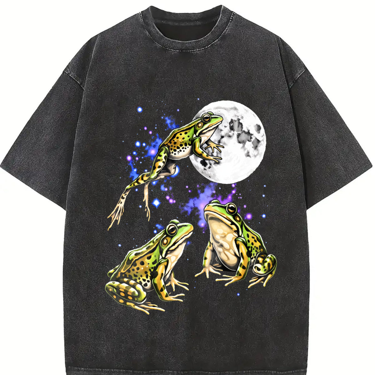 Three Frog Retro Frogs Moon Vintage Washed T-Shirt in Black