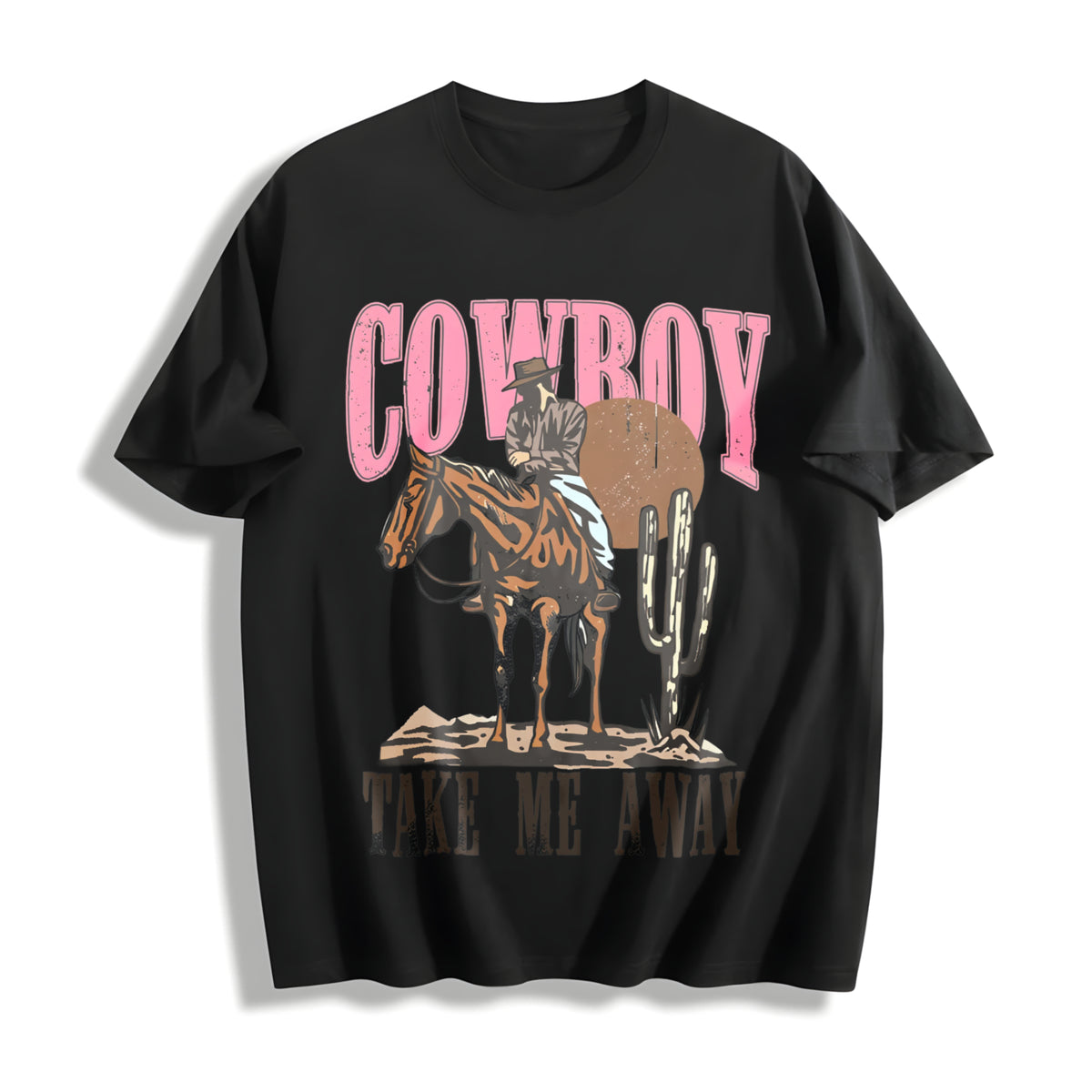 Cowboy & Letter for Spring & Fall Cotton T-Shirt in Black