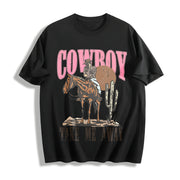 Cowboy & Letter for Spring & Fall Cotton T-Shirt in Black