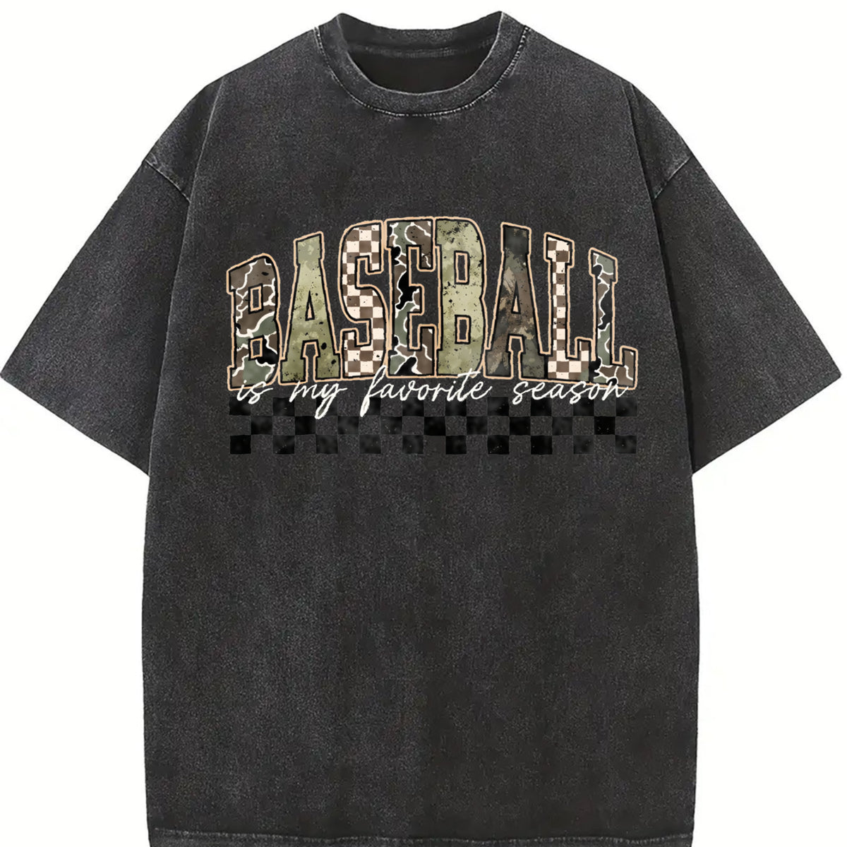 Camo Baseball Mama Coquette Baseball Military Camouflage Vintage Washed T-Shirt in Black
