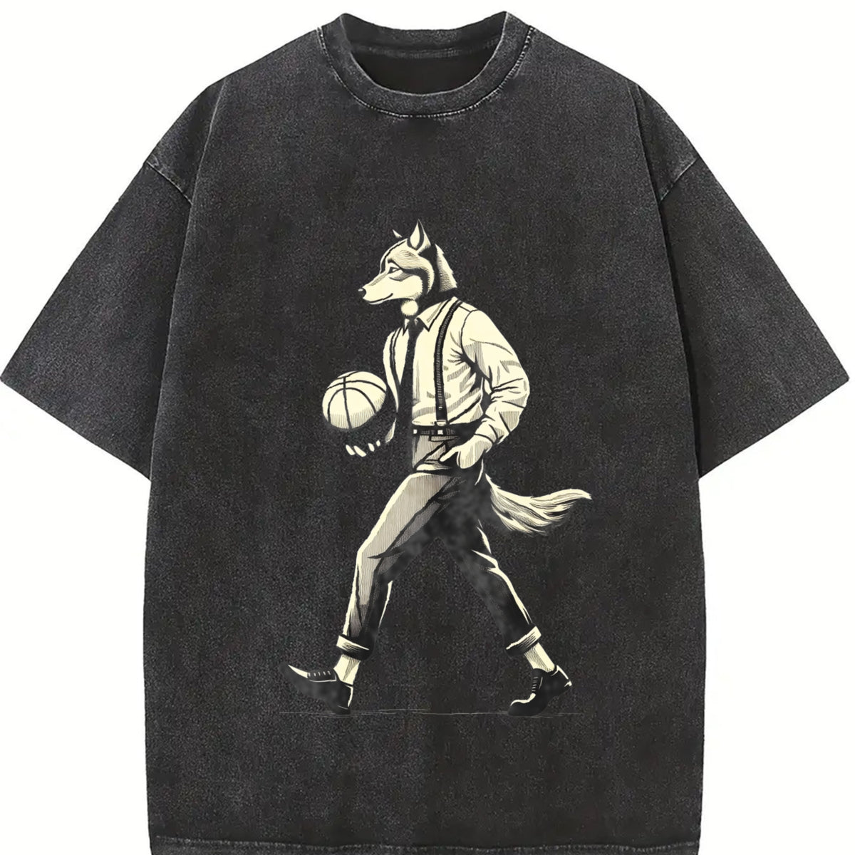 Retro Wolf Man Basketball 90s Vintage Washed T-Shirt in Black