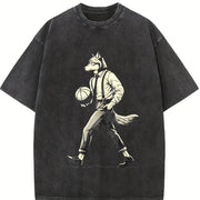 Retro Wolf Man Basketball 90s Vintage Washed T-Shirt in Black