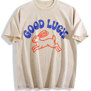 Retro Good Luck Rabbit Vintage Washed T-Shirt in Beige