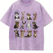 Cats with Headphones Vintage Washed T-Shirt in Purple