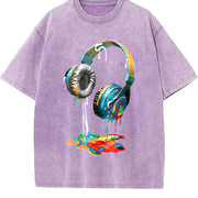 Loose Single Side - With Vibrant Headphones Drip Paint vintage washed oversized T-shirt in Purple