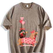 Valentine's Day Spring/ Dachshund Delivering Flowers Vintage Washed T-Shirt in Brown