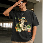 Cat and Plant Gardening Cat Vintage Washed T-Shirt in Black