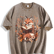 Ladies' Bohemian Short-sleeve Floral with a an Elegant Fox Vintage Washed T-Shirt in Brown
