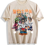 Saint Seiya short-sleeved classic nostalgic Japanese vintage washed oversized T-shirt in Beige