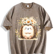 Hedgehog & Daisy Blouse with Cute Hedgehog & Floral Vintage Washed T-Shirt in Brown