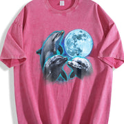 Three Dolphin Retro Dolphin Moon Vintage Washed T-Shirt in Red