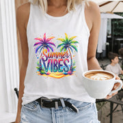 Vibes Palm Trees Rainbow Crew-neck Sleeveless Vest Outdoor Women's Color Cotton Tank Top in White