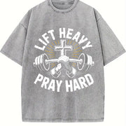 Lift Heavy Pray Hard Vintage Washed T-Shirt in Gray