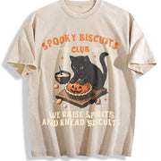 Spooky Biscuits Club Black Cat vintage washed oversized T-shirt in Beige