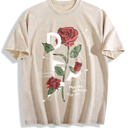 1pc Retro Rose Vintage Washed T-Shirt in Beige