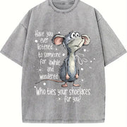 Mouse Quote Animal Sublimation Who Ties Your Shoelaces vintage washed oversized T-shirt in Gray